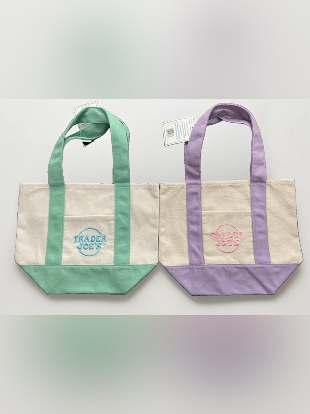 Trader Joe's Mini Pastel Canvas Tote Bag Green & Purple